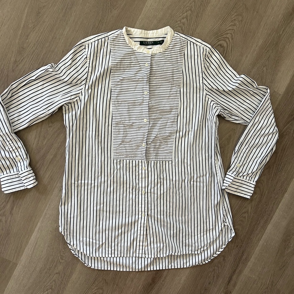 Ralph Lauren White Shirt with Black Vertical and Horizontal Stripes